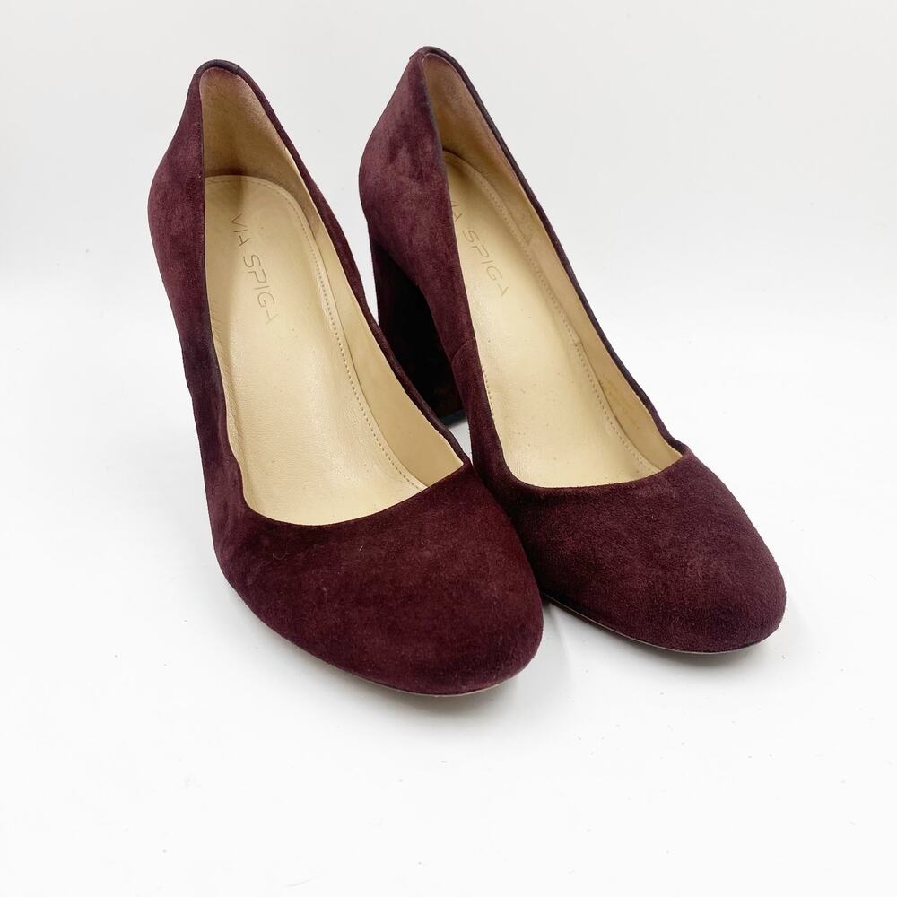 Via Spiga Burgundy Red Wine Suede Block Heeled Pumps Round Toe 7.5 M
